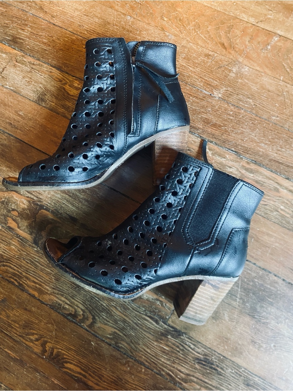 Toms Black Perforated Leather Peep-Toe Ankle Booties